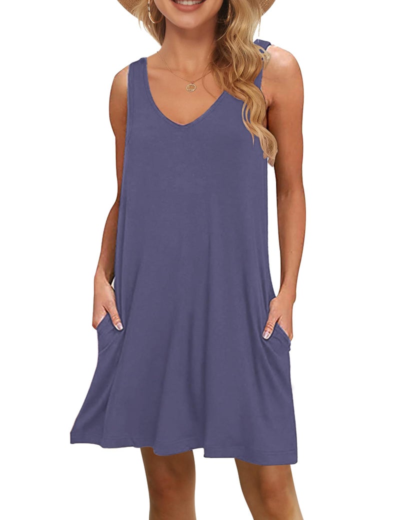 MISFAY Women's Summer Casual T Shirt Dresses Beach Cover up Tank Dress (Purple Gray,M) - Image 1